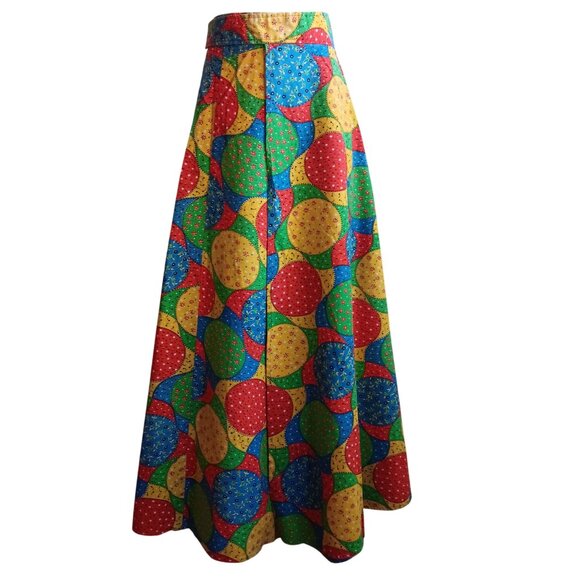 1OF1 25W Vtg Maxi Skirt 1970s Multicolor Patchwork Button Belt Handmade Boho - Picture 2 of 8